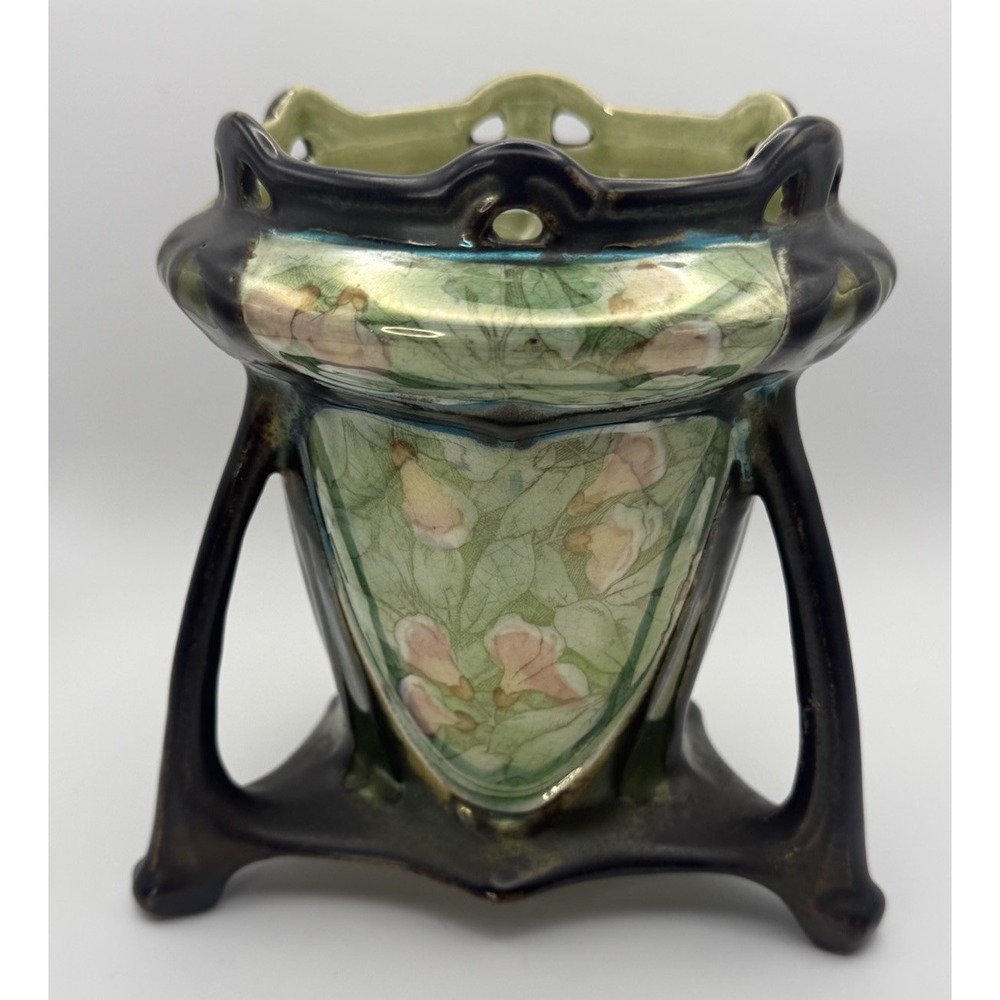 Antique Bohemian Art Nouveau Iridescent Tripod Ceramic Vase Dressler? 1890-1910 - Picture 3 of 15